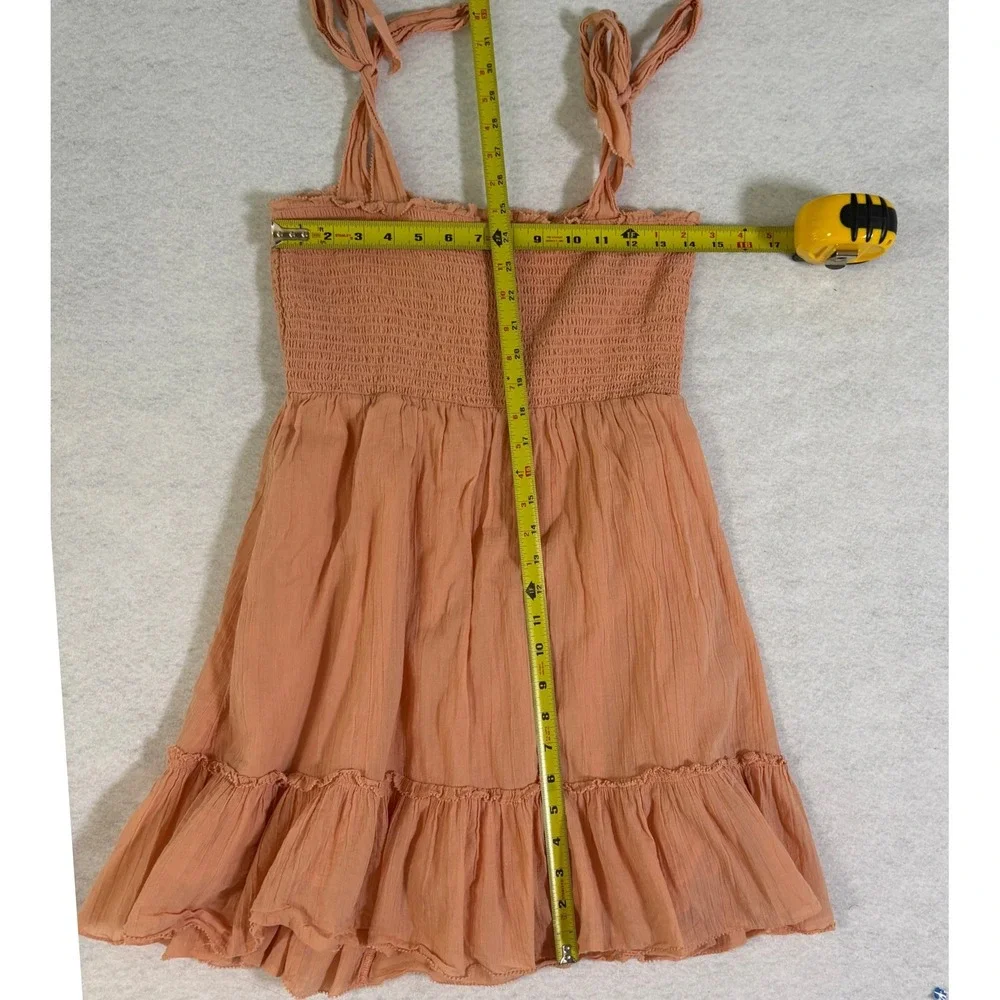 Aerie Smocked Mini Dress Peach Apricot Tie Shoulder Ruffle Hem Womens Medium - Picture 7 of 9